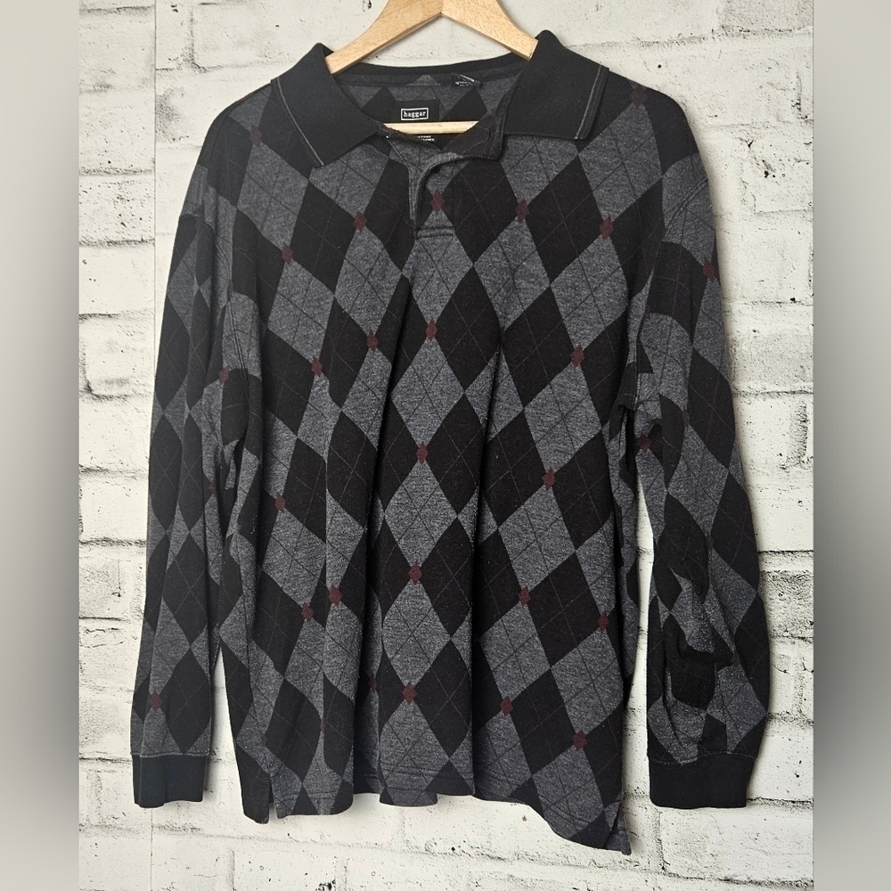Haggar Argyle Sweater Mens Large Gray Black Grandpa Core Pullover